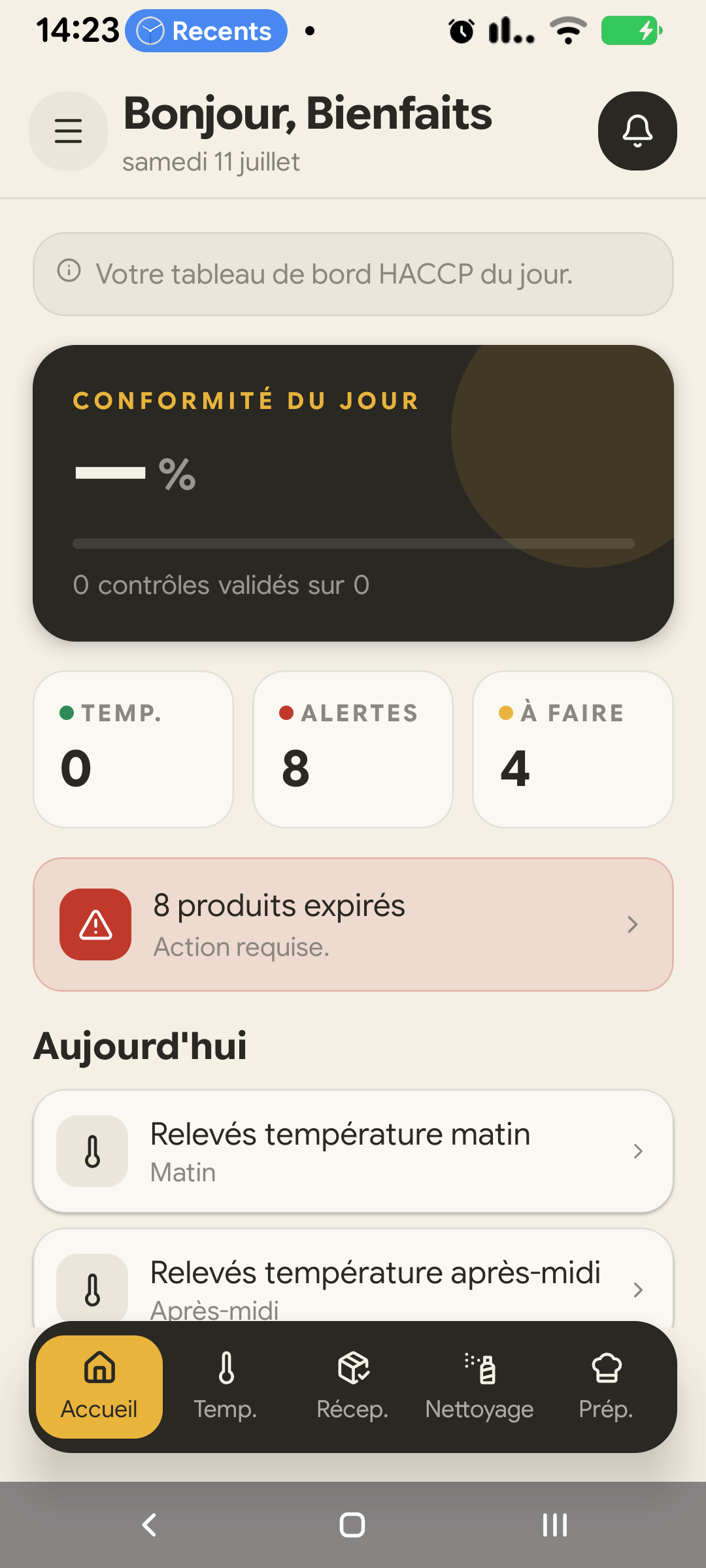 Tableau de bord HACCP Pastille : conformité du jour, alertes et tâches